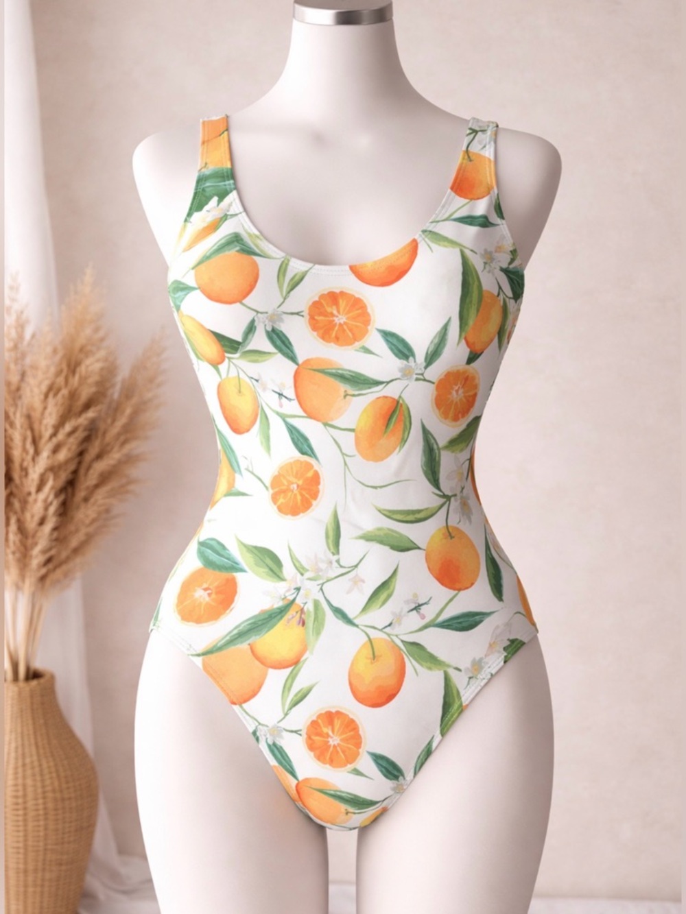 One-Piece Swimsuit with Orange Print - White/Orange